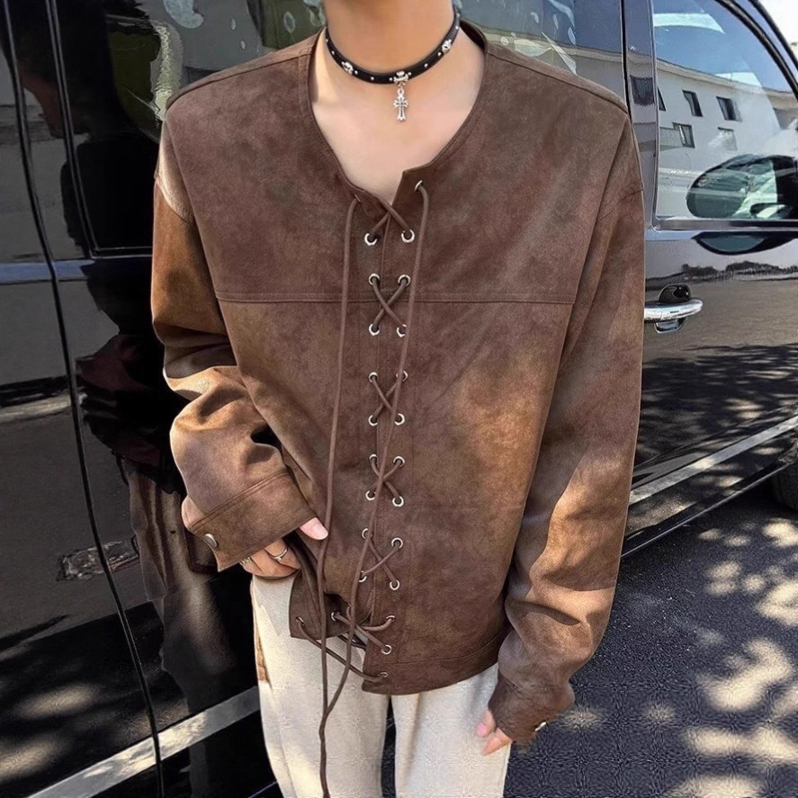 Niche Drawstring Double-breasted Leather Jacket For Men Designer Jacket Spring And Autumn American Street Style Loose Casual Brown Motorcycle Jacket