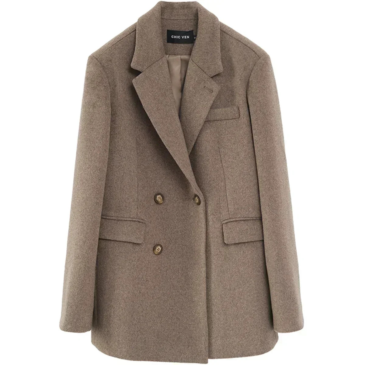 CHIC VEN Women Wool Blend Coat Solid Mid Long Woolen Blazer Thick Warm Blouse Womens Overcoat Office Lady Tops Autumn Winter 251028