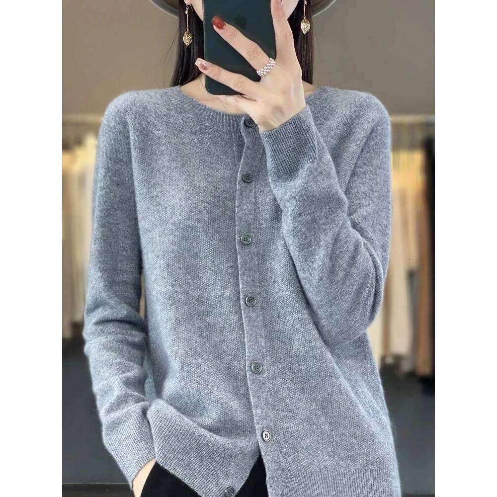 Aoaiiys Cardigan Women Fashion 100% Wool Cardigans Cashmere Sweater Autumn Winter Casual Coat O-Neck Long Sleeve Loose Knit Tops
