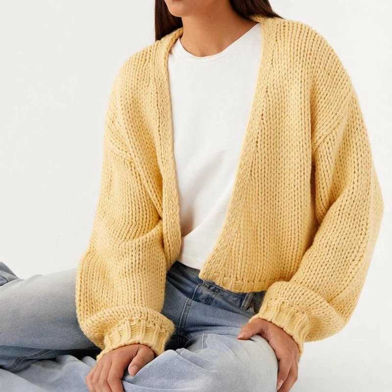 Combhasaki Women Fall Winter Chic Knitted Sweater Cardigan Tops Lantern Long Sleeve Open Front Solid Color Cropped Knitwear CoatT251028