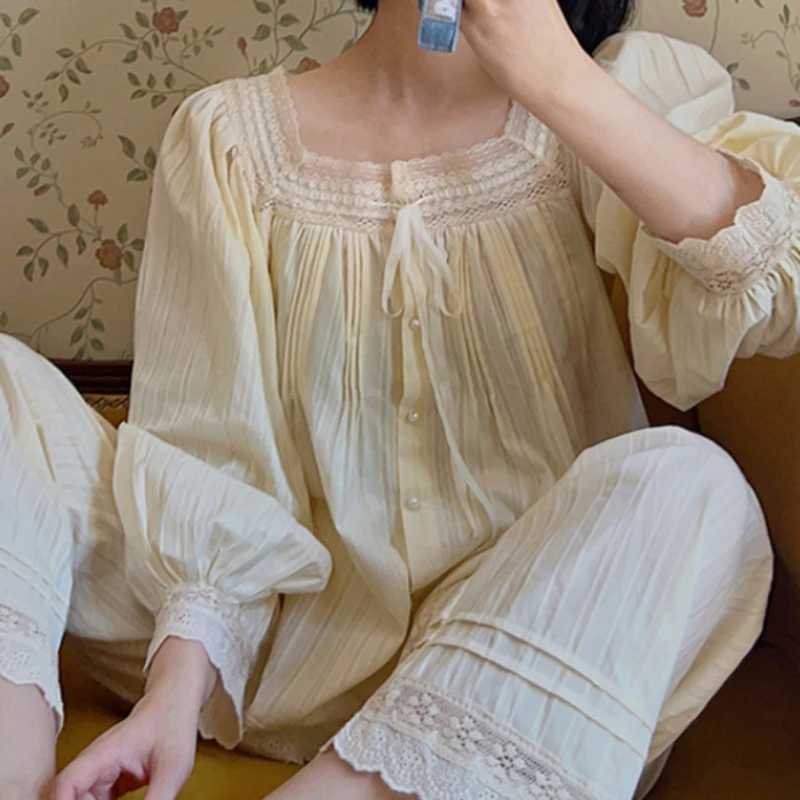 Fairy Women Pure Cotton Pajamas Princess Sleepwear Nightwear Autumn Winter Apricot Loungewear Sweet Tops Pants Two Piece SetsT251029