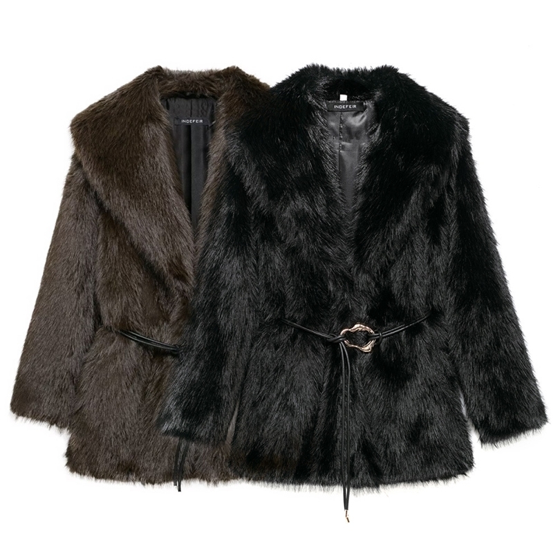 Womens Belt Decoration Collar Solid Color Medium Long Coat AutumnWinter Sleeve Loose 251021