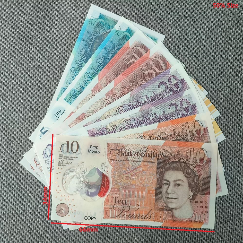 5A 0.08mm Transparent Polymer Fake Money 5 10 20 50 Pound Plastic Notes Clear Window Realistic Movie Series for UK Party Favors Prop Money Pounds 70*37mm 50% Size