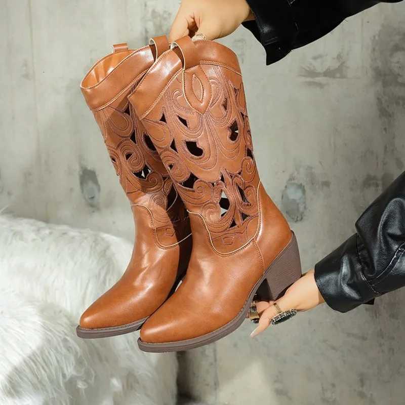 2025 Hollow Embroidered Vintage Western Boots Women Autumn Chunky Heels Knee High Cowboy Boots Woman Pu Leather Knight Booties Z251029