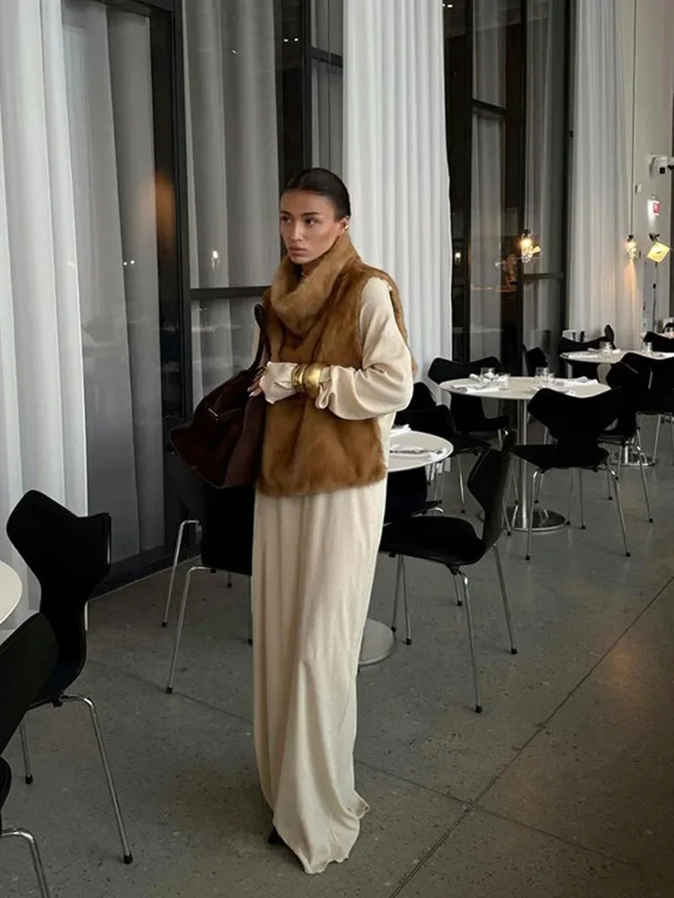 Women Solid Faux Fur Vest Crop Top Fashion Turtleneck Fluffy Short Tank Tops 2025 Winter Female Elegant Sleeveless Jacket Coat 251029