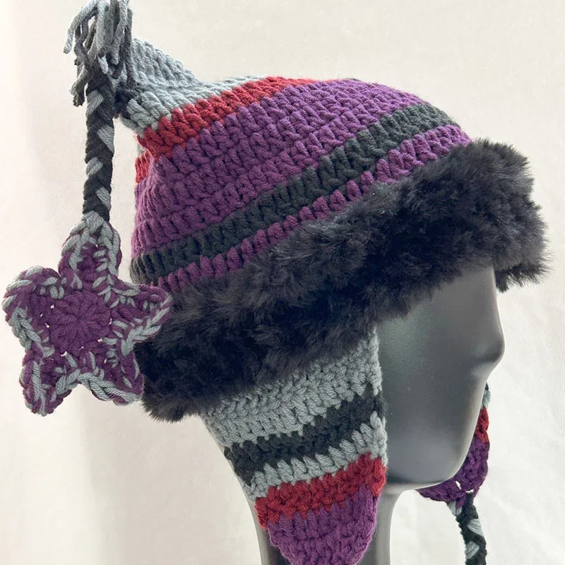 Japanese Pentagram Skullies Beanie Women Autumn Winter Warm Ear Protection Handmade Knitted Hat Cat Ears Stripe Cap Y2K 251029