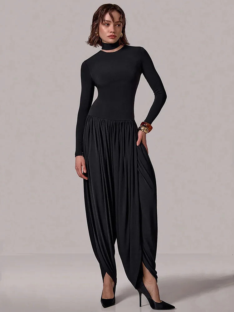 Mozision Long Sleeve Draped Sexy Jumpsuit Women Overalls Autumn Winter Patchwork Solid Turtleneck High Waist Slim Jumpsuis 251027