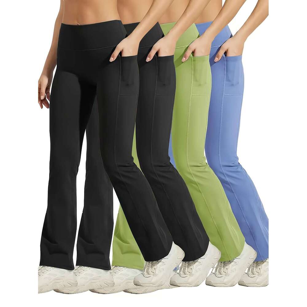 Plus size 4pcs set of sports pants with phone pocket, fashionable and casual hip lifting exercise yoga fiess bell pants, Women's sportswear
