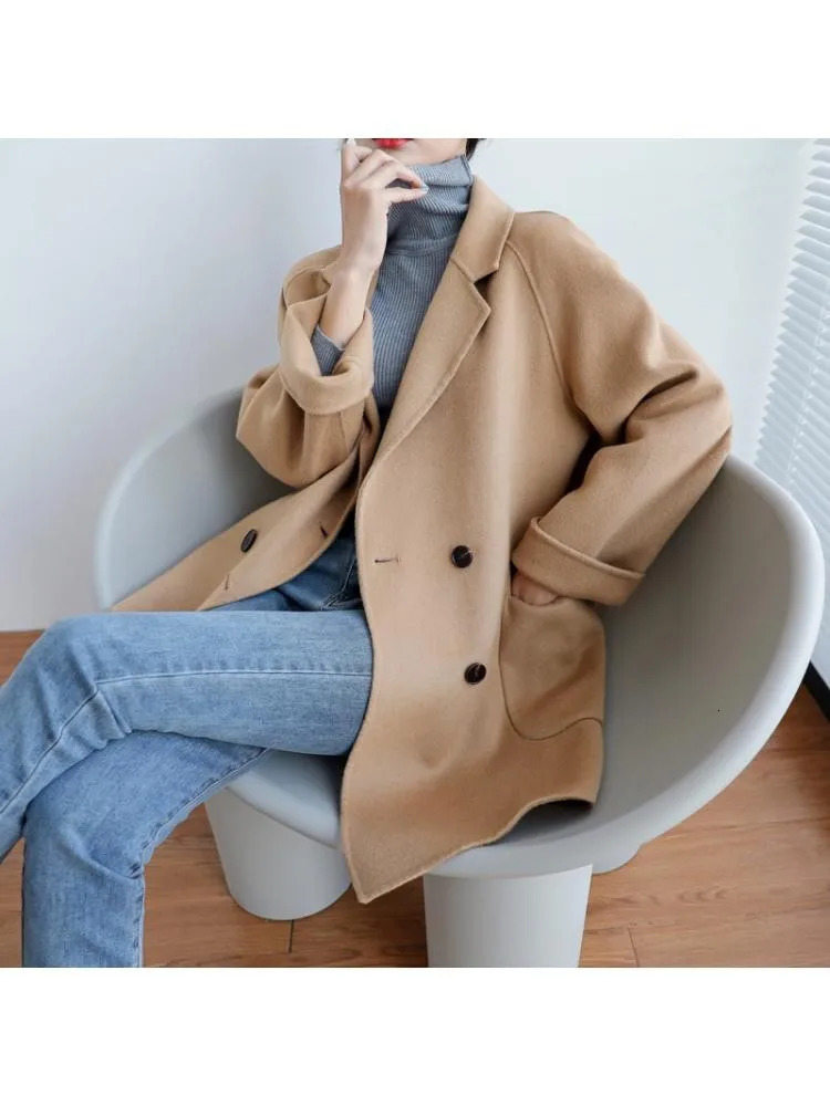 Autumn Korean Style Double Breasted Simple Black 100 Wool Coat Women Long Loose Suit Woolen Overcoat Jacket 251028