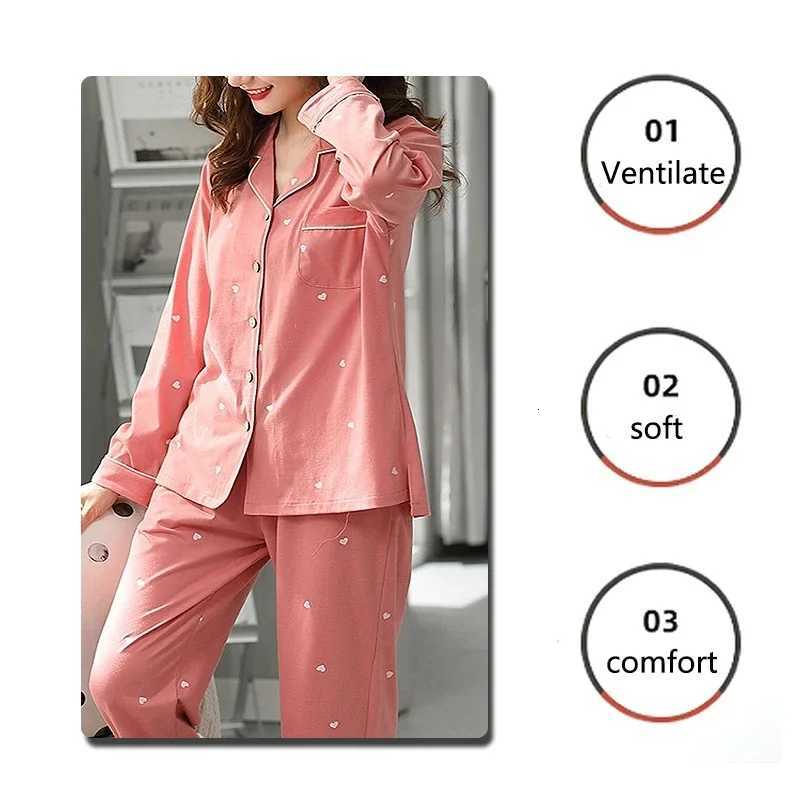 High Quality Large Size Women Cotton Pajamas Button down Tops and Trousers Set Sleepwear Homewear Printing Nightwear LoungewearT251029