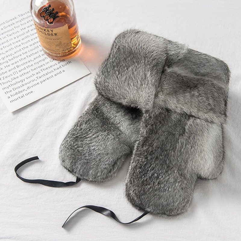 Thick Warm Bomber Hat Men Real Rabbit Fur Earflap Trapper Russian Cap Male Plus Size Winter Hats for Men Ski Russian Hat 251029