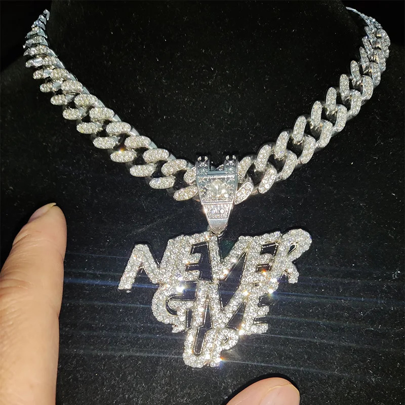 Men Women Hip Hop NEVER GIVE UP Pendant Necklace 13mm Crystal Cuban Chain HipHop Iced Out Bling Necklaces Fashion Charm Jewelry 251029