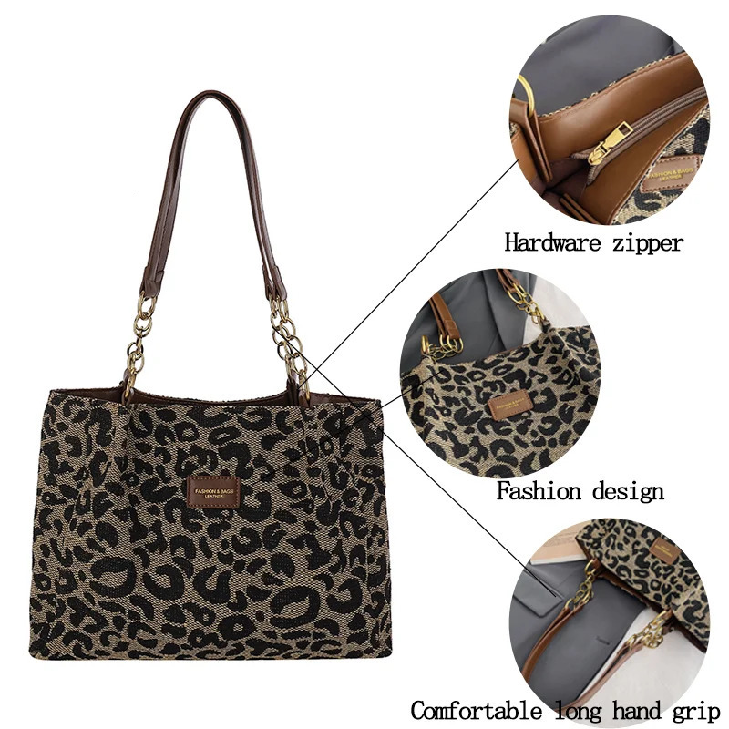 Vintage Womens Shoulder Bags Leopard Print Zipper Handbags Daily Commuting Casual Tote Bag 251029