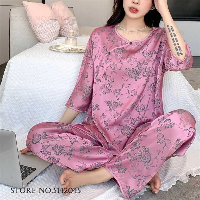 New Chinese Style Women Pajamas Set Loungewear Elegant Print Flower Sleepwear Trouser Suits Loose Silk Satin Homewear PyjamaT251029
