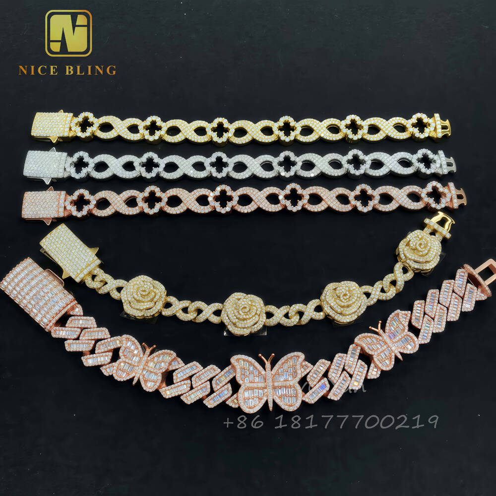 Fashion Hip Hop Jewelry Cuban Link Chain Rose Flower Butterfly Design Custom Made Iced Out 925 Silver VVS Moissanite Bracelet