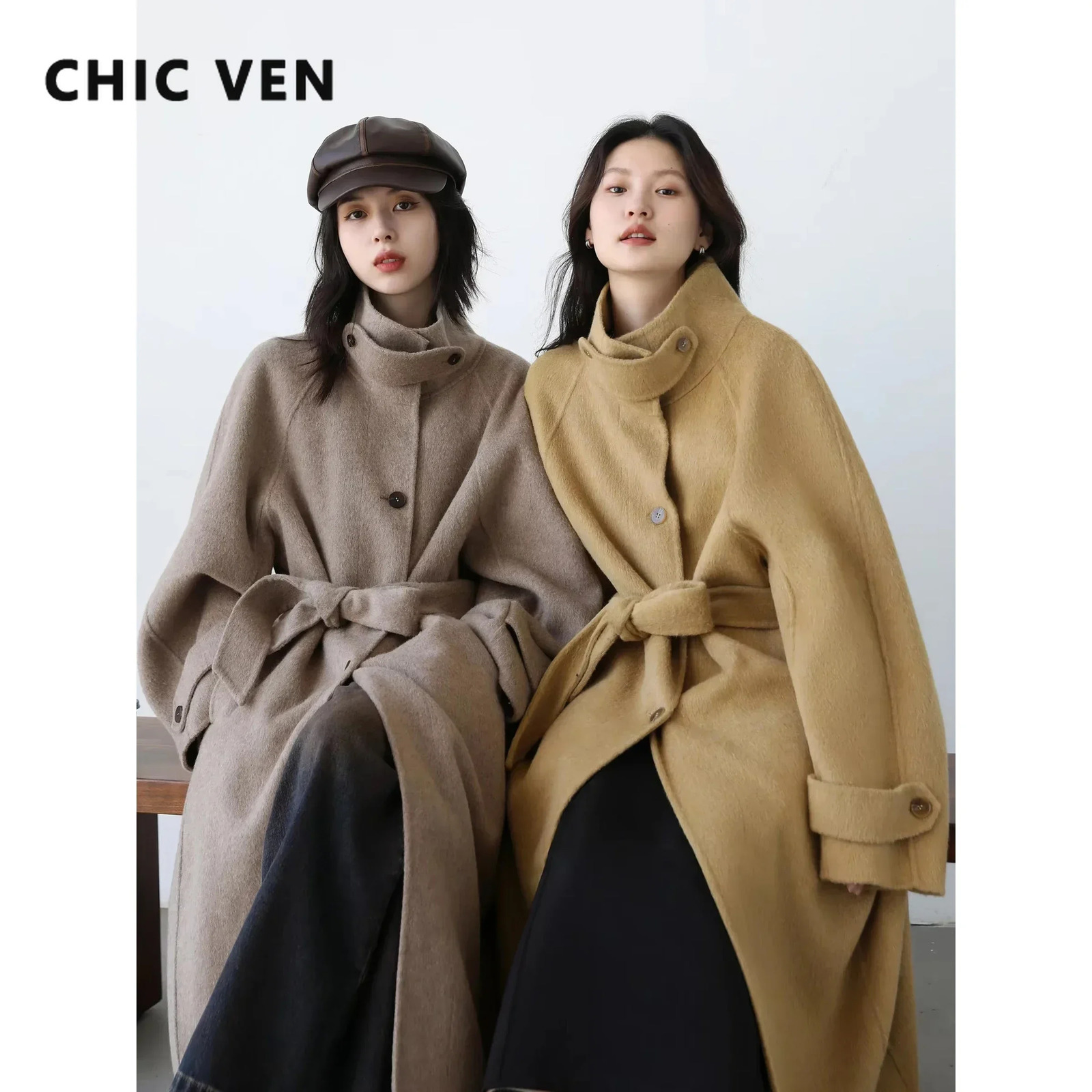 CHIC VEN Korean Women Woolen Coat Single Breasted Loose Stand Collar Belt Long Doublesided Ladies Overcoat Autumn Winter 251028