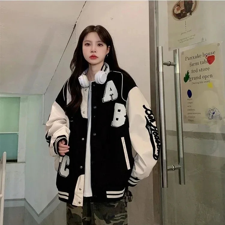 Y2k Lamb Wool Bomber Jacket Female Oversized Streetwear 2025 Women Harajuku Fashion College Uniform Varsity Baseball Jackets 251029