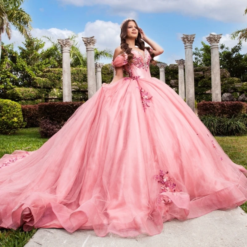 Pink Shiny Ball Gown Quinceanera Dresses Off The Shoulder Applique Flower Beads Bow Tull Party Birthday Sweet 16 Dress Vestidos