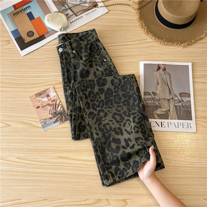 Casual Loose Womens Jeans Retro American Style Leopard Print n Straight Leg Pants Workwear Fashion Winter Womens pants 251029