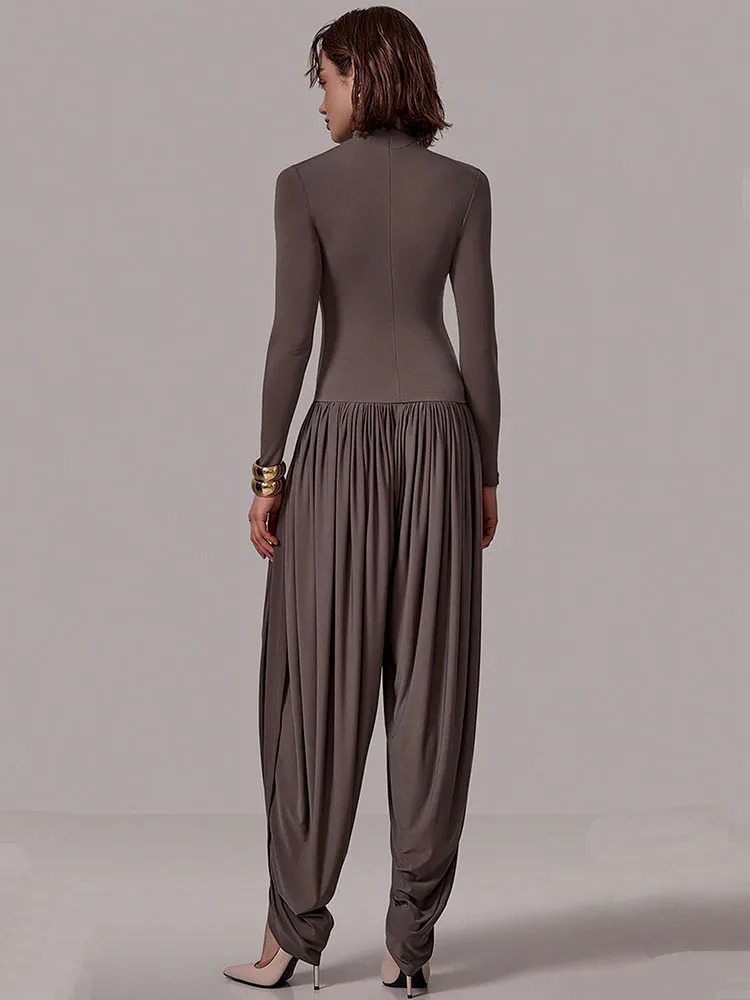 Mozision Long Sleeve Draped Sexy Jumpsuit Women Overalls Autumn Winter Patchwork Solid Turtleneck High Waist Slim Jumpsuis 251027