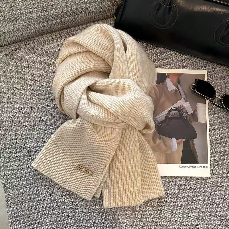 Scarf female winter new wool knit solid color small scarf tide thick warm all match long neck 2025