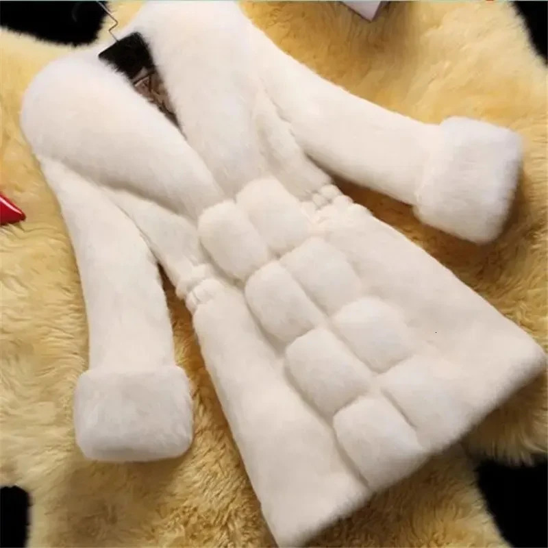 Korea Fashion Rabbit Hair Jacket Womens Elegant Fur Coat Female Clothing Winter Slim Warm MidLong Overcoat 251029