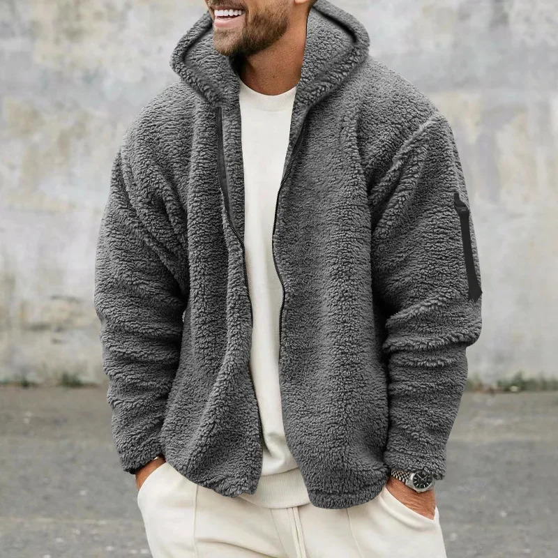 Mens DoubleSided Fleece Warm Jacket Loose Hooded Casual Autumn Winter Outerwear High street trend sweatshirt 251029