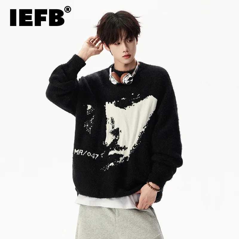 IEFB Niche Design Mens Pullovers Round Collar Letter Embroidery Contrast Color Knitting Tops Loose Pullover Male Sweaters 9X584 J251029