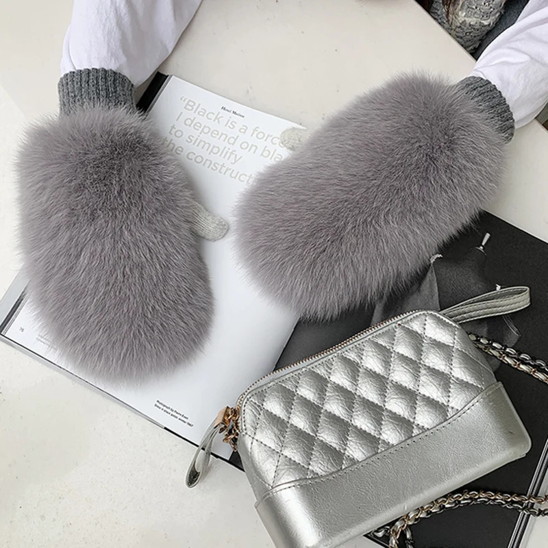 Women 100 Real Knitted Thick Genuine Fox Fur Mittens Winter Warm Lady Real Fur Gloves Knit Fur Mitten 251029