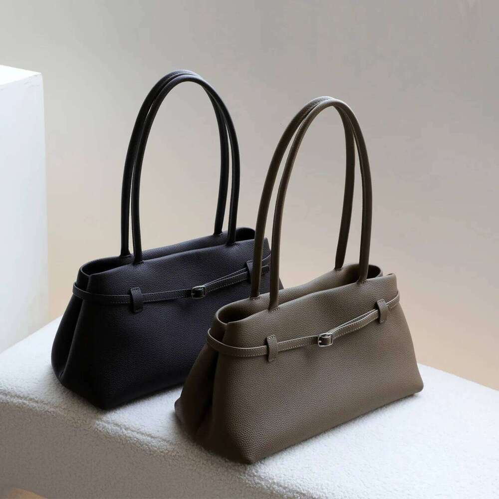Top Layer Cowhide Lychee Pattern Women's Niche Design Belt Decorative Handbag Simple Large Capacity Single-Shoulder Tote Bag Suotong1029