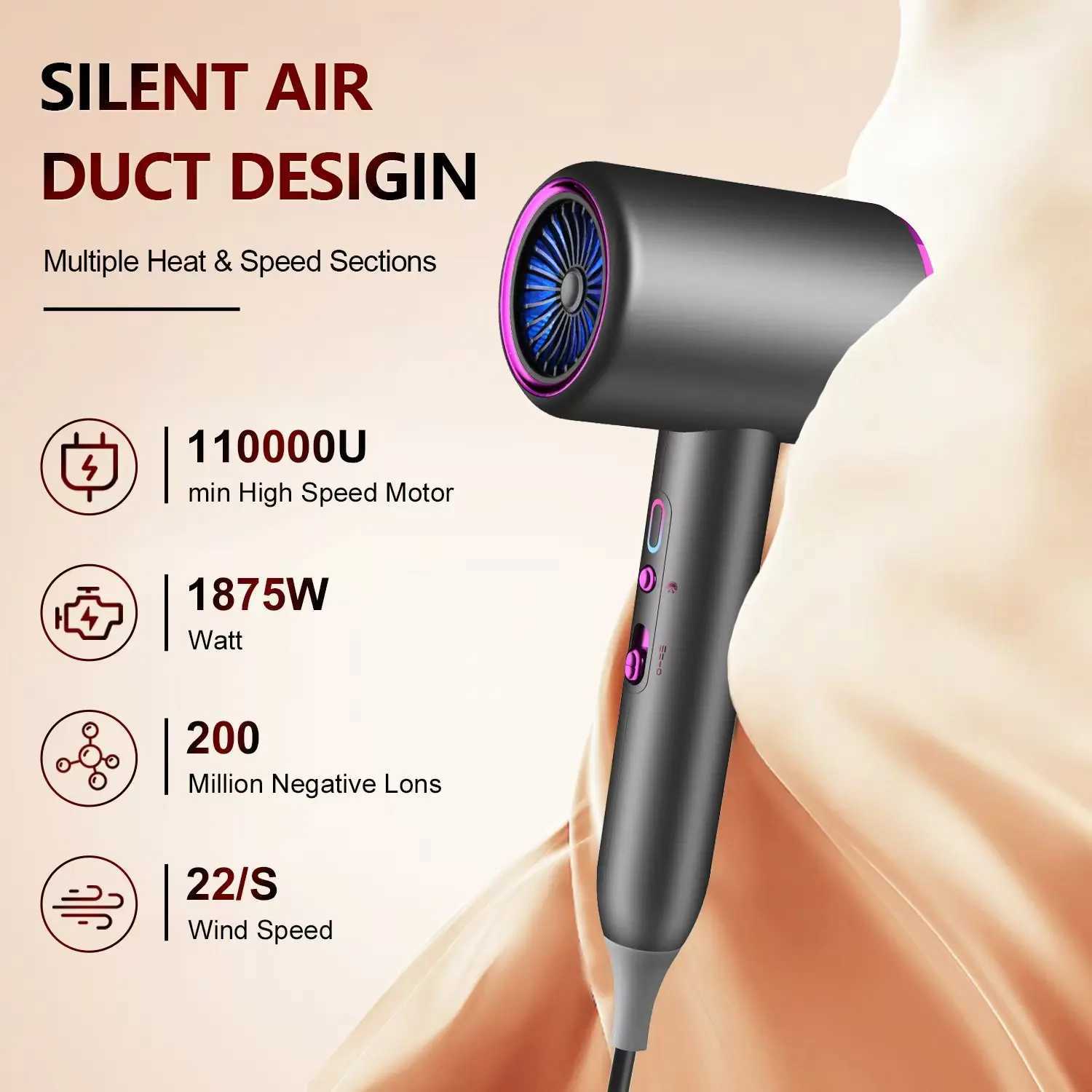 Professional Hair Dryer with Diffuser 1875W Blow Dryer Ionic Hair Dryer for Women with Constant Temperature 2 Heat 3 Speed Se L251029