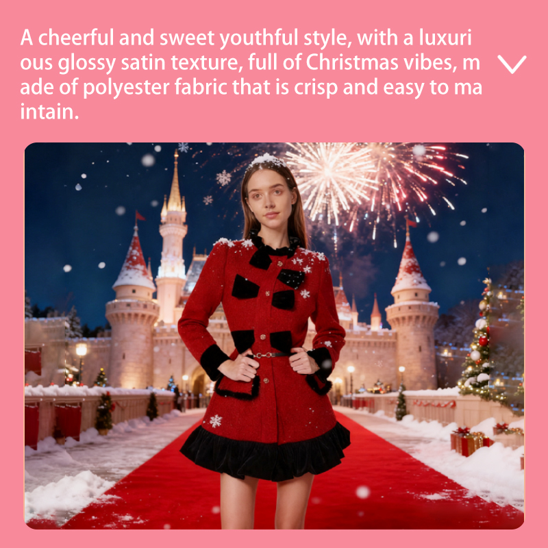 Prom Dresses Women's Red Christmas Tweed Coat Dress, Bow Detail Ruffled Hem Party Dress, Vintage-Inspired Holiday & Cocktail Wear YJY0004