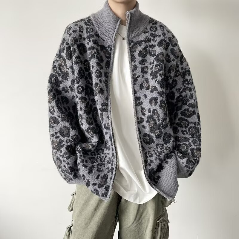 American Style Leopard Print Cardigan Sweater For Men Autumn Designer Jacket And Winter Lazy Style Design Sense Cool And Loose Stand Collar Knitted Ja
