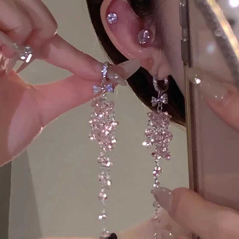 WLP Exquisite Sweet Pink Rhinestone Bow Tassel Drop Earrings for Women Vintage Korean Fashion Light Luxury Earring Party JewelryW251029