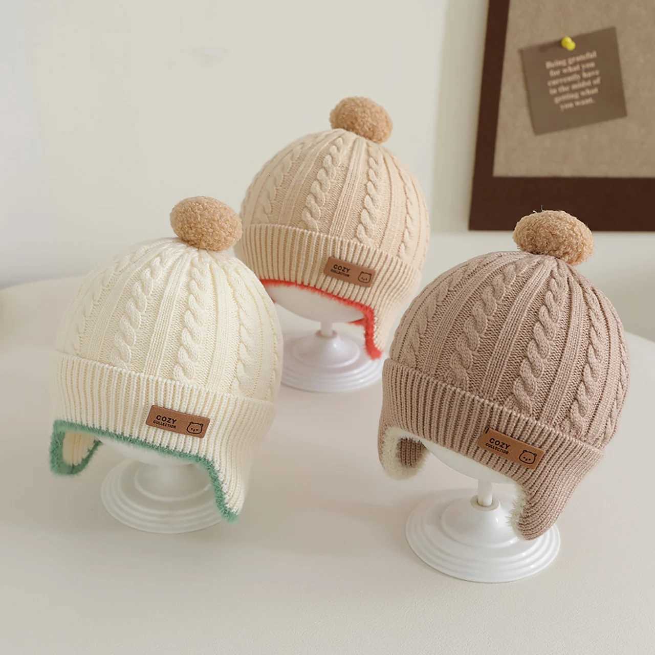 Pompom Beanies Winter Warm Baby Earmuffs Cap Toddler Ear Protection Hat 13year Kids Woolen Knit Hats Fashion Children Bonnet251028