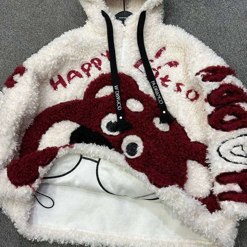 Autumn Winter Heavy Industry Cartoon Lamb Wool Hooded Sweatshirt Jacket For Women's Loose Sweet Y2k Style Top Zipper Coat