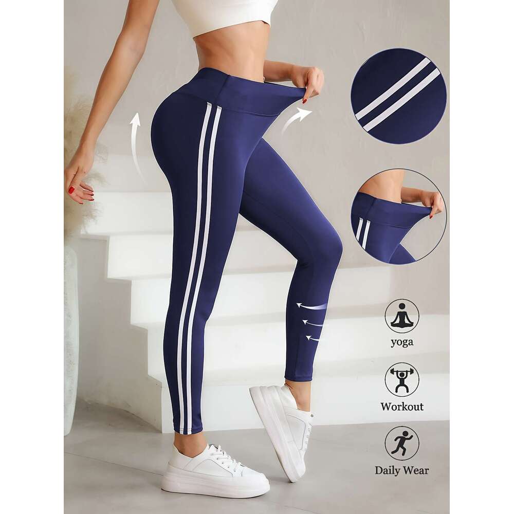 3Pcs High-Waist White Side Stripe Yoga - Soft, Stretchy Athletic Leggings For Running, Fiess, Breathable & Durable With Elastic Waistband, Cycling Pan