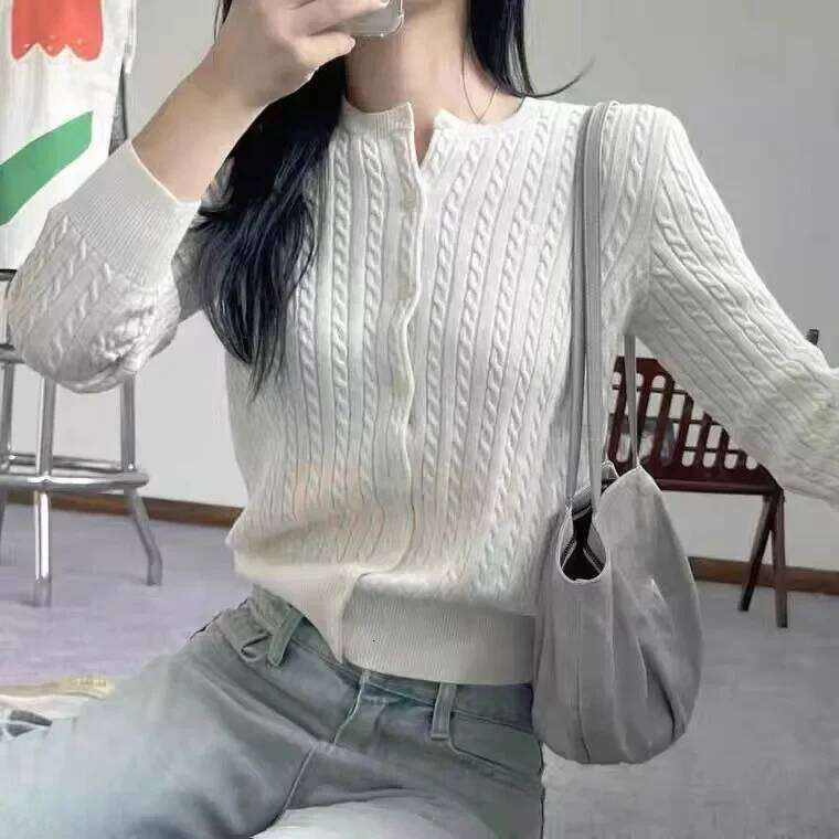 Autumn Winter New Style Pure Wool Knitted Cardigan Women's Simple Round Neck Twisted Pattern Solid Color Long Sleeve Trendy Women Sweater Designe