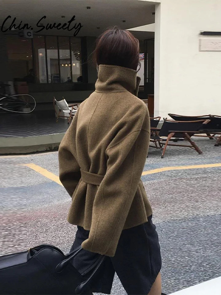 Urban Woolen Belt Women Coat Casual Long Sleeve Button Patchwork Female Jacket Autumn Winter Fashion Lady Streetwear 251028