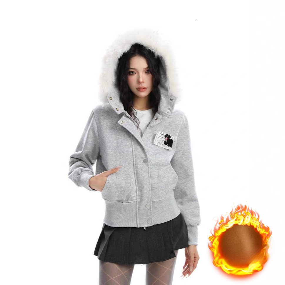 Designer American Camouflage Detachable Wool Collar Hooded Wool Cardigan New Women's Winter Hot Girl Short Sports Jacket