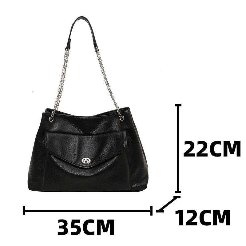 Female Large Black Tote Handbag Multi Pocket Ladies Metal Chain Shoulder Bag Soft Pu Leather Women's Serviceable Crossbody Bags 251029