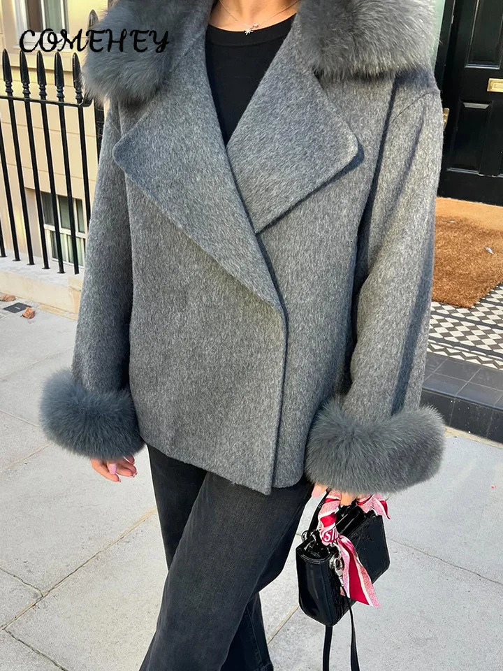 Winter Warm Fur Spliced Woolen Coat Women Loose Lapel Long Sleeve Solid Female Jacket Autumn Lady Elegant Outwear 251028