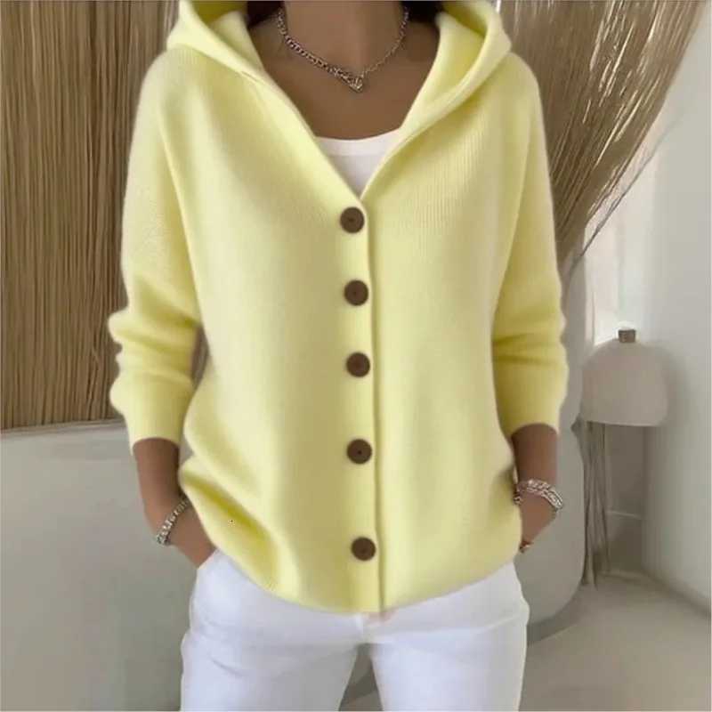 Solid Color Button Knit Hooded Sweater Cardigan Jacket For Autumn Winter New Casual Fashionable Womens Clothing Pulls FemmesT251028