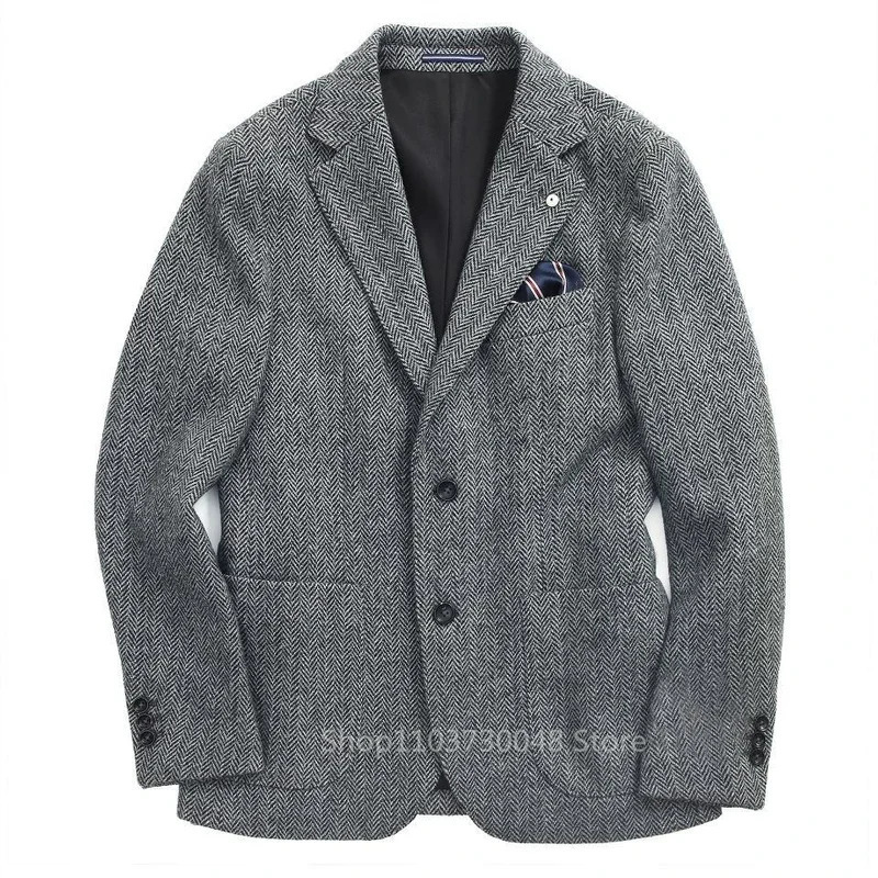 Gray Wool Tweed Winter Suit Blazer Single Breasted Jacket Formal Fashion Notch Lapel Herringbone Coat for WeddingBusiness 251028