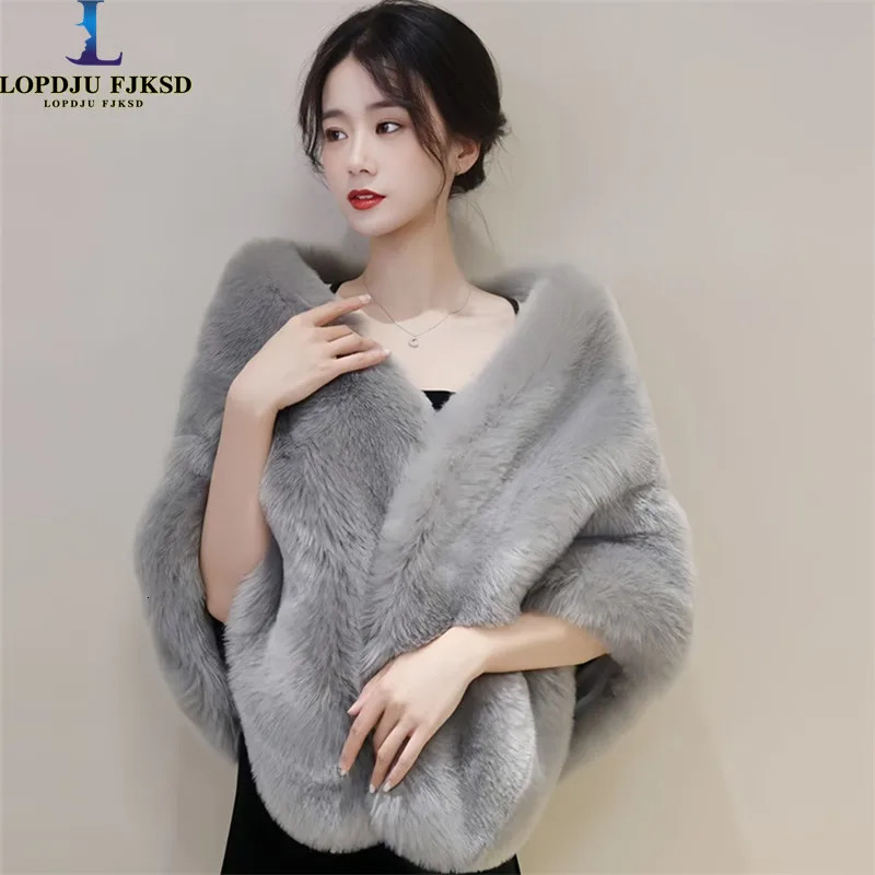 Autumn Women Open Stitch Solid Color Shawls with Faux Fur Flocking Short Cape Female Winter Pashmina Wraps 251029