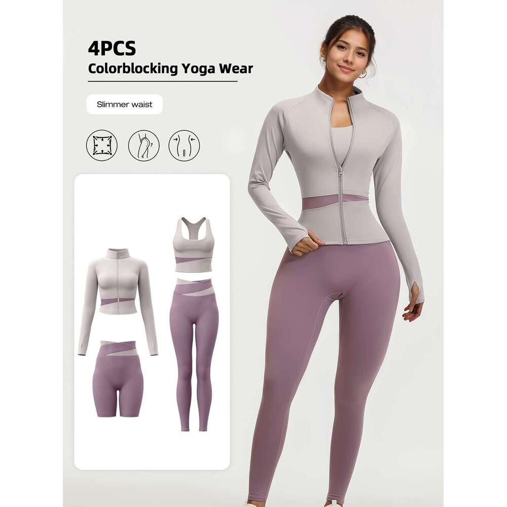 4pcs Women'S Wear Workout Set with Zipper Jacket Leggings Sports Bra Euro Size for Running Fiess And Yoga