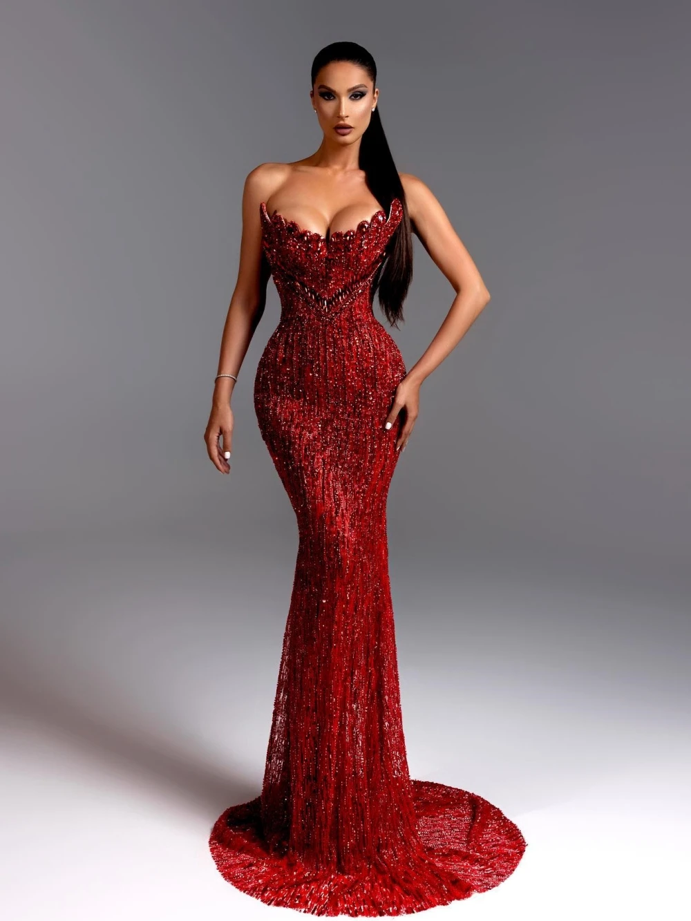 Fashionable Red Beaded Mermaid Long Evening Dress Elegant Strapless Sleeveless Party Gown Customized Luxury Prom Dresses