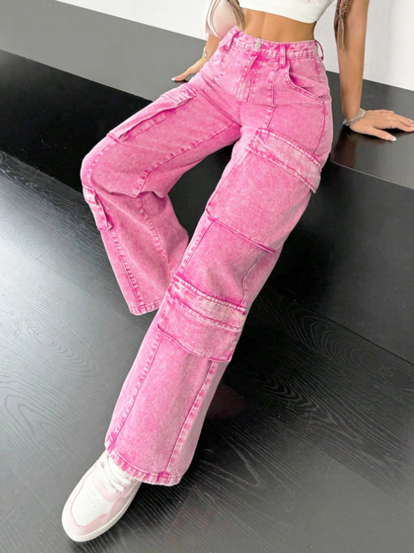 Pink cotton womens wideleg loosefitting jeans multipocket Y2K style pink fashionable jeans 251029