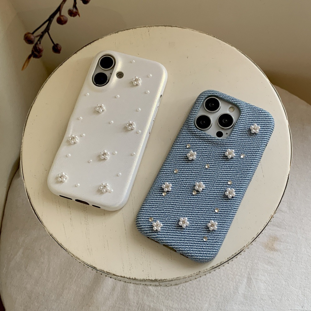 Pearl Heart Bowknot Phone Case Compatible with iPhone 17/16/15 Pro Simple Solid Color 14/13 Cartoon