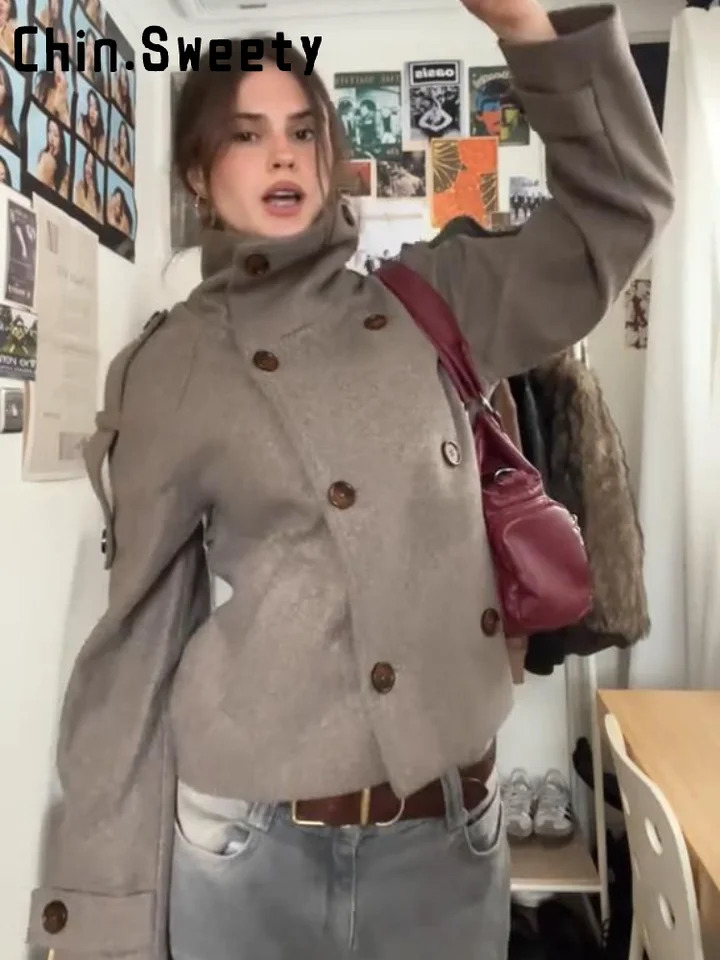 Casual Stand Collar Short Woolen Coats Women Double Breast Long Sleeve Loose Solid Jacket 2025 Autumn Winter Lady Warm Outwears 251029